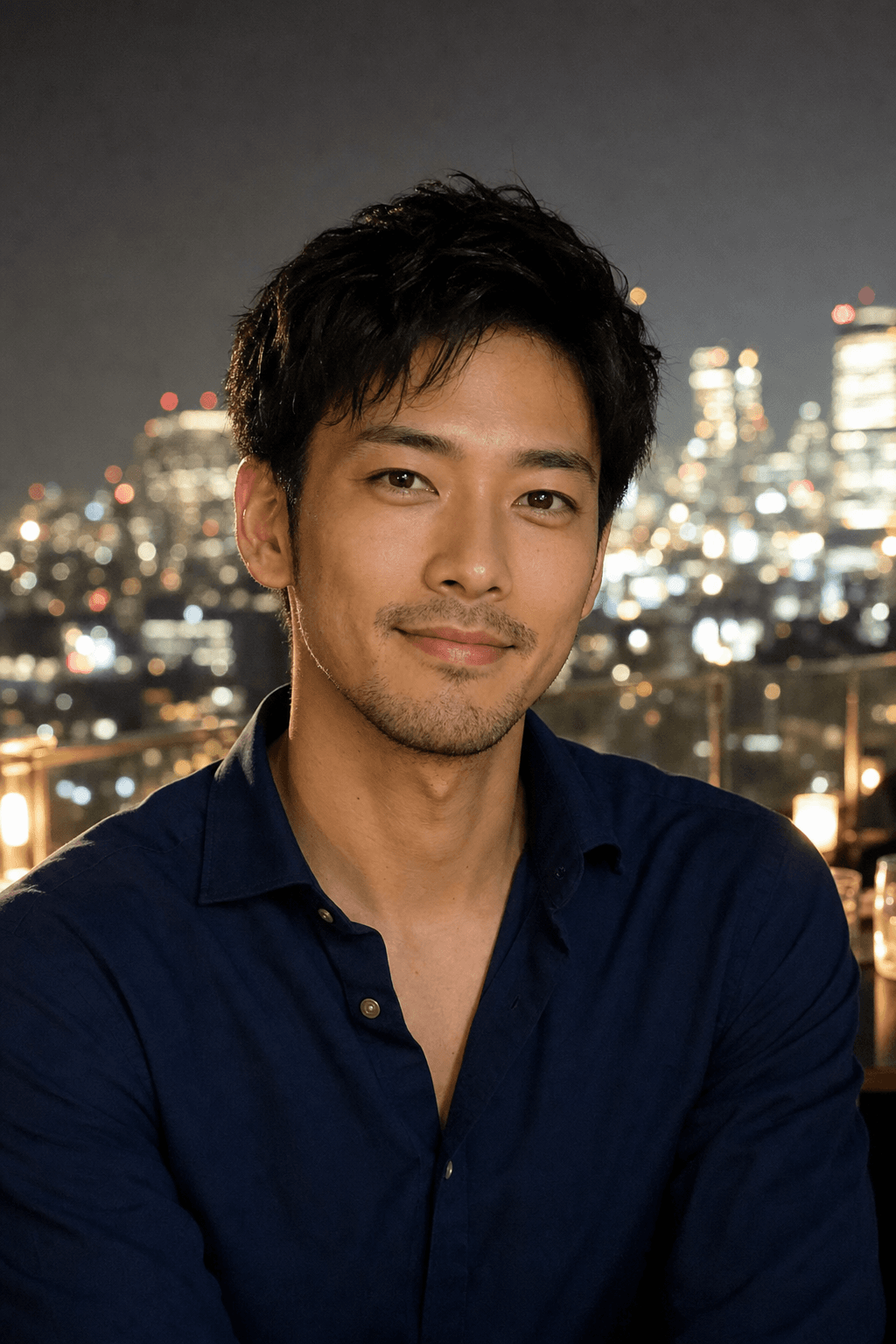 マッチングアプリ用 男性写真の例（夜・ルーフトップ）