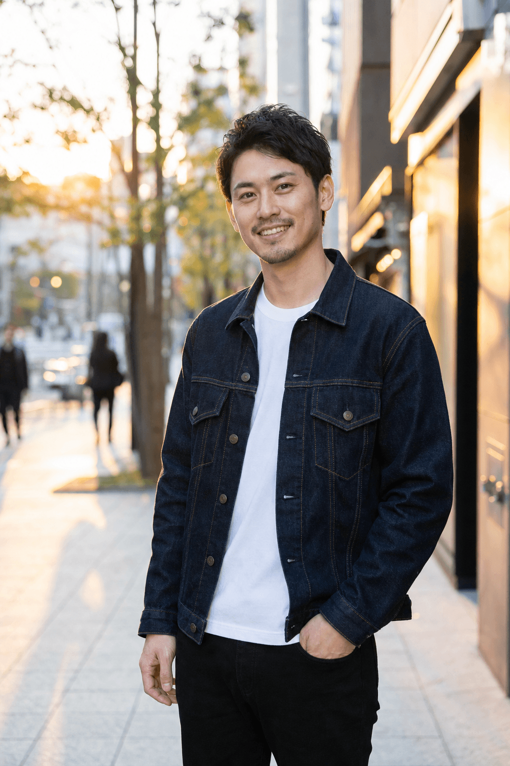 マッチングアプリ用 男性写真の例（夕方の街・ゴールデンアワー）
